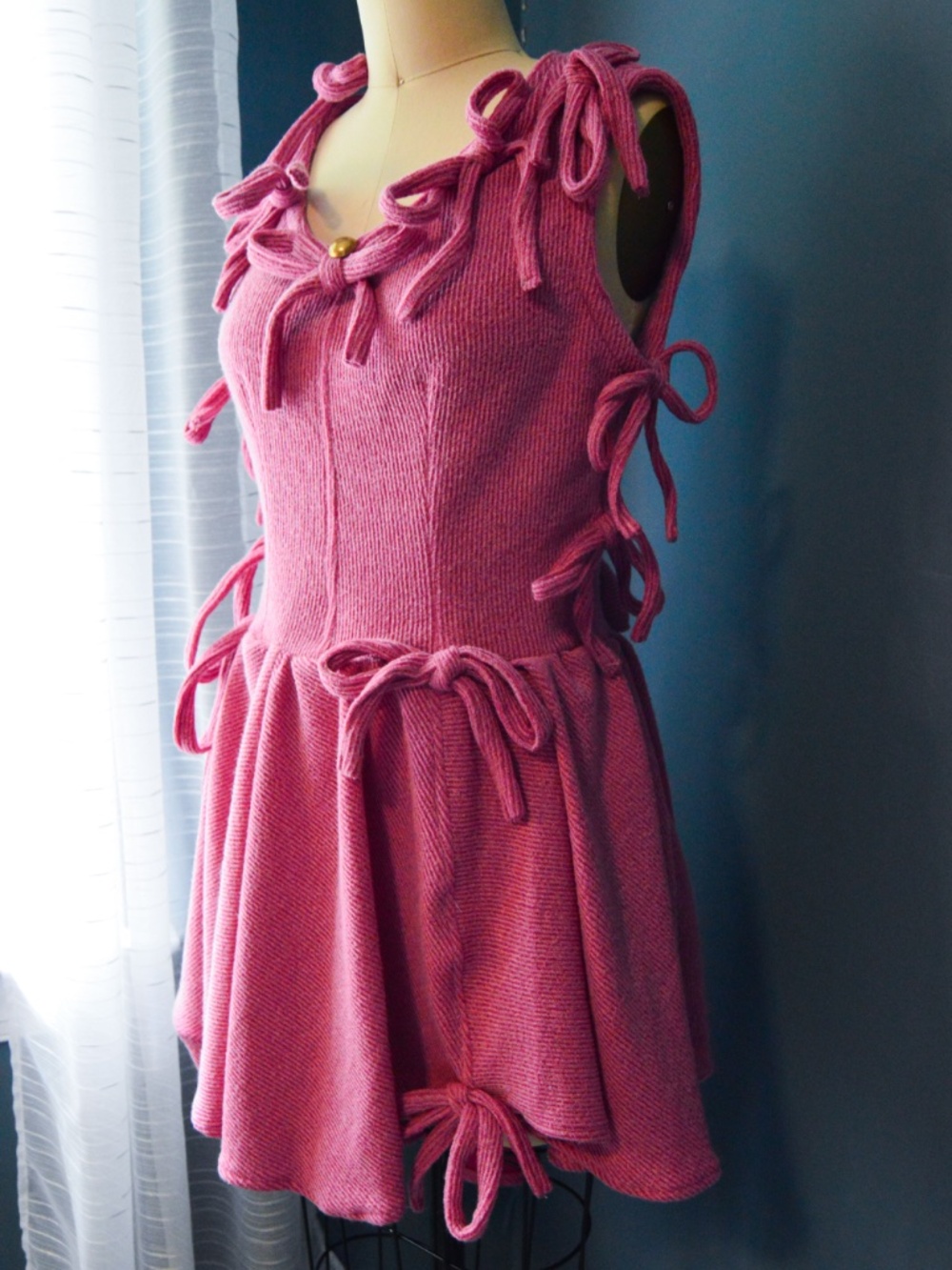 One of One Handmade, Dusty Pink Asymmetrical Soft Knit Mini Dress, with Bows - Picture 6 of 17